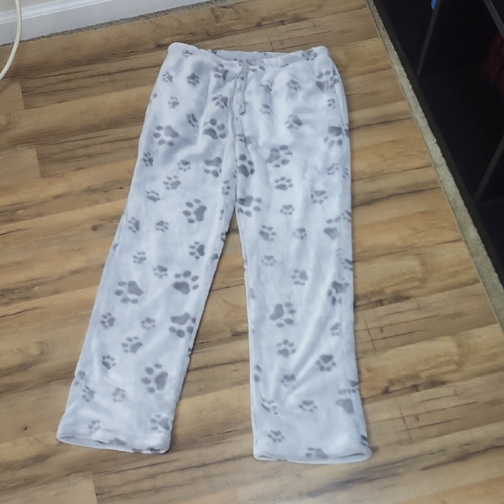 Gray Heavy Fleece Cat Paw Print Pull-on Drawstring Waist Pocketed Pajama Pants